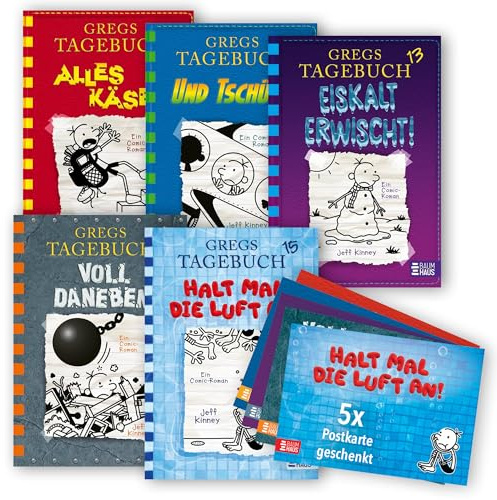 Jeff Kinney Bücherset - Gregs Tagebuch Band 11-15 - Alles Käse, Und tschüss, Eiskalt erwischt, Voll daneben, Halt mal die Luft an - Kinderbuch Comic Bestseller Set mit je einer exklusiven Postkarte