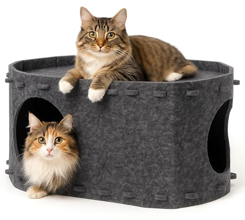 Toemics Filz Katzenhöhle Katzenbett Höhle Doppelbett Katzenhaus Stabiler Kratzschutz, Waschbare Kissen, Katzenbett Winter und Sommer, Dunkelgrau