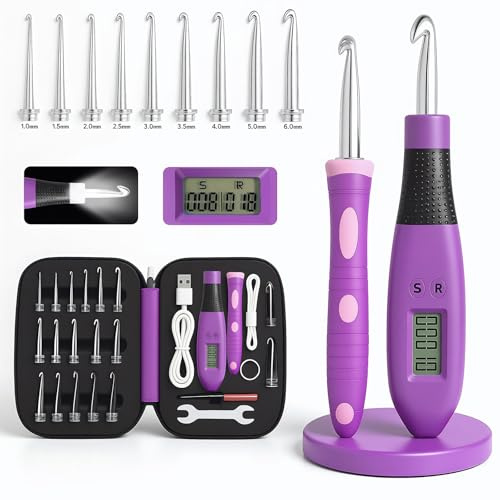 Zählen Häkelnadel Set Digital, Häkelset mit 24 Verschiedenen Größen Austauschbare Häkelnadel, Ergonomische Häkelnadeln mit LED und Digitalem Stichzähler zum Häkeln und Stricken