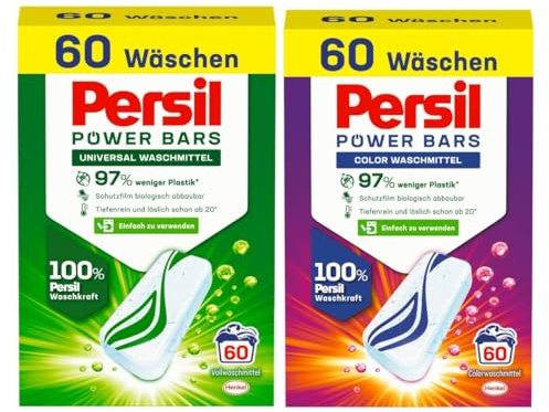 Persil Power Bars Universal 60 WL + Color 60 WL Waschmittel (120 Waschladungen), vordosiertes Vollwaschmittel in nachhaltiger Verpackung, für hygienisch reine Wäsche bereits ab 20° C