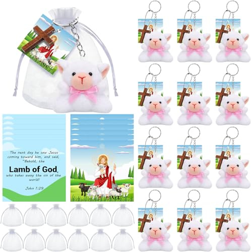 Silipull 12 Sets of Mini Sheep Plush Religious Nativity Stuffed Animal Jesus Christian Gifts Sheep Keychain for Christening Easter