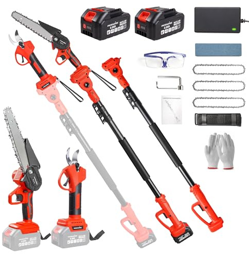 4-in-1 Cordless Pole Saw & Pruning Shears Combo Kit, 16ft Max Reach,21V Electric Tree Trimmer with 180° Rotating Head, 8 Chainsaw & 2 x 4.0Ah Battery Powered Brushless Tree Pruner