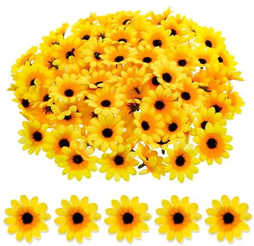 Sorcristy 100PCS Sunflowers Artificial Flowers, Yellow Flower Heads Decorations Mini Fake Sunflower Decorative Fabric Flowers Craft Embellishments for Weddings, Parties, Home Decor