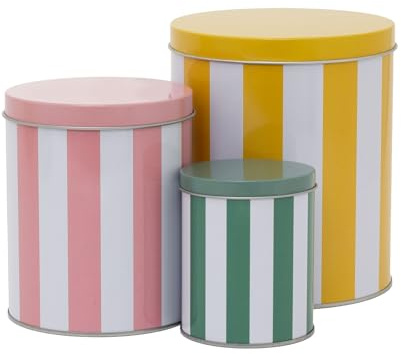 Carousel Home Set of 3 Cabana Stripe Round Metal Storage Tins, Green Pink and Yellow Nesting Kitchen Storage Tins with Airtight Lids