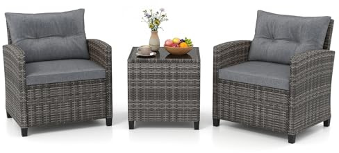 GIANTEX Set Mobili da Giardino in PE Rattan, Set di Conversazione con 2 Poltrone con Cuscini Morbidi, 1 Tavolino con Piano del Tavolo in Vetro Temperato (Grigio)