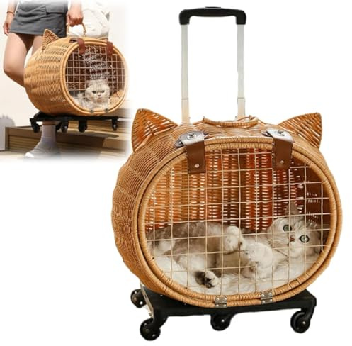 Outdoor Cat Stroller with Wheels, Rattan Animal Carrier with Telescopic Handle for Daily Walks, Shopping, Travel, Picnic, and Camping