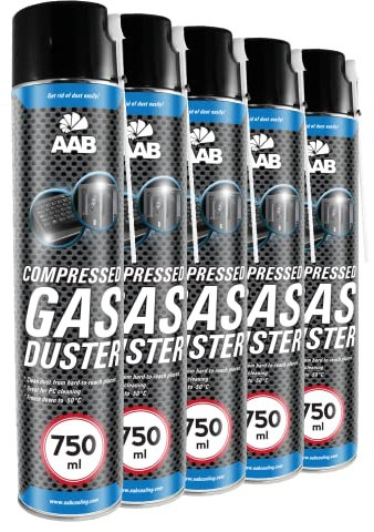 AAB Druckluftspray 5 x 750ml, Druckgasreiniger, Druckluft aus der Dose für die Reinigung von Tastatur, PC, Keyboard, Kopierer, Luftdruck-spray, Druckluftreiniger, Air Duster, Reinigungsspray