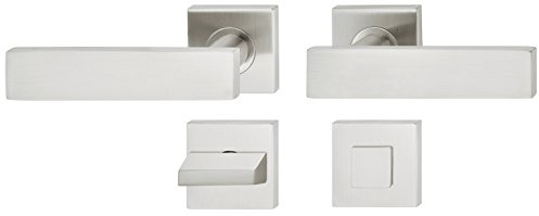 Moderner Tür-Griff Rosette quadratisch Türklinke Edelstahl Drückergarnitur für Zimmertüren | LDH 2187 | BAD - Badezimmer | Edelstahl matt gebürstet | 1 Garnitur eckig - Design Türbeschläge Innentüren