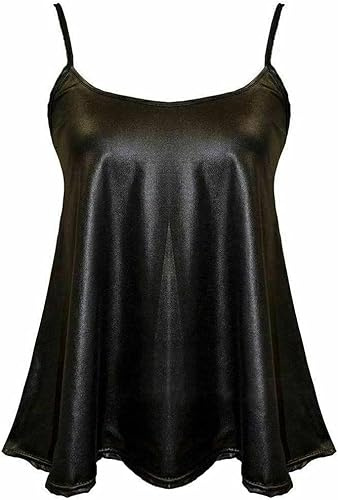 VR7 Ladies Wet Look Basic Camisole Tank Crop Top for Women's Vests Sleeveless Lace Cami Swing Black Leather Strappy Round Neckline Blouse Top Sexy Shiny Shirt for Adults (UK Size XL(16-18), Black)