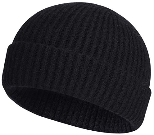 ROYBENS Swag Wool Knit Cuff Short Fisherman Beanie for Men Women, Winter Warm Hats, Black