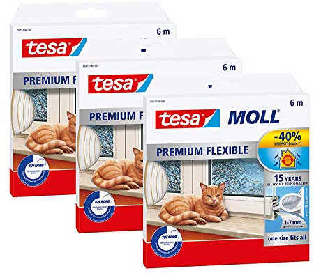 tesamoll Premium Flexible - Selbstklebende Silikondichtung zur Isolierung von Spalten an Fenstern und Türen - transparent - 6m x 9mm x 7mm (3 Stück)