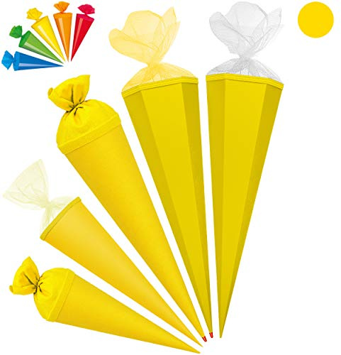 Set_ Schultüte - Rohling - GELB + 5 kleine Zuckertüten - 85 cm - mit Holzspitze - 6 eckig - Tüllabschluß - Zuckertüte - Roth - Jungen Mädchen - einfarbig Uni ..
