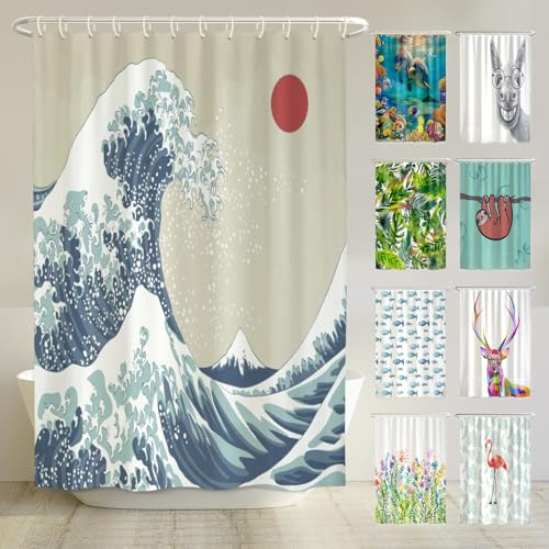 arteneur® Duschdraperi, mögelbeständigt, 180 x 200 cm, återvunnet med Oeko-Tex-standard 100, viktad fåll, ogenomskinligt, vattentätt, tvättbart, 12 ringar och e-bok, japansk våg