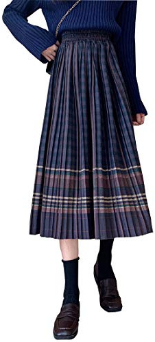 RIZ-ZOAWD Gonne Lunga Invernale Donna gonne Plissettata Lana Caldo Elegante Quadri Midi Vita Elastica Vita Alta Gonna 3-XXL