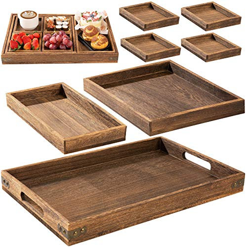 Yangbaga 7Piezas Bandejas Madera Rectangular de Madera de Paulownia para Servir Comida, Bandeja Rústica con Asa para Desayuno, Bebidas, Aperitivos, Mesa de café, Comedor y Decoración del Hogar