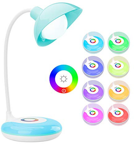 mafiti Schreibtischlampe Kinder, Tischlampe LED, 20 LED Dimmbare Nachttischlampe mit Touch Control, 3 Helligkeitsstufen und RGB 256 Farblicht für Lesen, Studieren, Arbeit