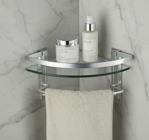 PORTE ITALIANE, Mensola Angolare per Bagno a Due Livelli con Portasciugamani, Ripiano in Vetro Temperato da 8 mm e Barra in Alluminio, Fino a 5 kg di Peso, 32x24x17 cm, Argento