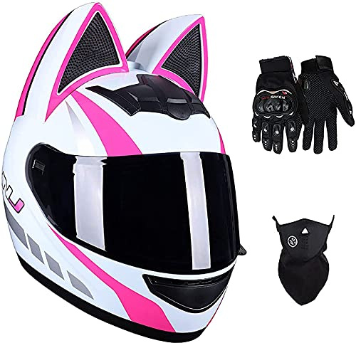 Casco De Moto De Cara Completa Con Orejas De Gato Para Mujer, Guantes/Mascarilla, Cascos De Moto Hombres Mujeres, Casco De Motocicleta De Cara Completa, Casco De Carretera Con Orejas D,M