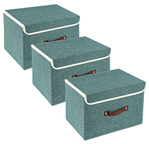 TYEERS Faltbare Aufbewahrungsbox mit Deckel, Stoff, Waschbare, Kisten Aufbewahrung mit Deckel, 38x25x25 cm, 3-Stück, Aqua Deep
