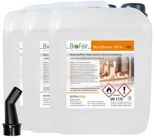 30 Liter Bioethanol 100% in geprüfter Premium Qualität für Ethanol-Kamin, Tischkamin Indoor/Outdoor | 30L (3 x 10L Kanister)