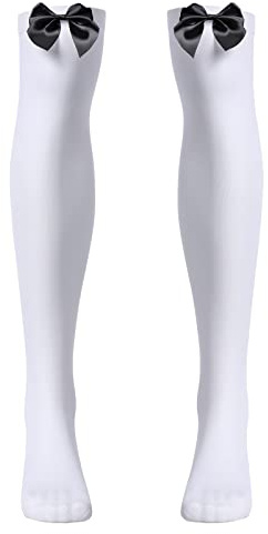 ABAFIP Men's Sissy Bowknot Stockings Above Knee Overknee Sheer Silky Footed Socks Thigh High Hosiery High Elastic Stretchy Pantyhose Crossdressing Lingerie White + Black One Size