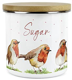 Purely Home English Robins Azucarero – Contenedor de almacenamiento de alimentos de cocina esmaltado de metal blanco