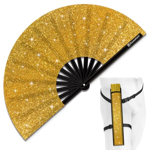 Raveahem Glitter Large Rave Folding Clack Hand Fan with Holster, Popping Handheld Fan Foldable for Men Women for EDM Festival Club Party Dance, (Golden, Large 13)