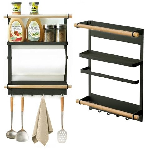 OXTXO Mensola Magnetica Porta Spezie per Frigorifero – Organizer da Cucina a 3 Ripiani con 6 Ganci, Design in Legno – Scaffale per Spezie, Asciugamani, Barattoli e Carta da Cucina