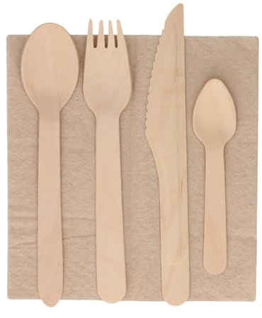Set 5 Piezas De Madera: Cuchara, Tenedor, Cuchillo, Cucharilla Y Servilleta - Kraft