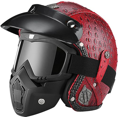 WYXAXNM Vintage Motorradhelm, Damen Herren PU Leder Jethelm mit Brille Maske, Motorrad Helm für Roller Vespa Moped Cruiser Chopper - Breiter Sichtwinkel Sturzhelm,Red-XXL(63~64cm)