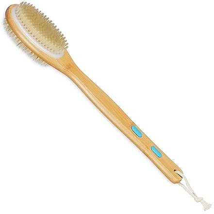 Relaxdays Rückenbürste, doppelseitige Duschbürste, langer Stiel, 44 cm, mit Anti-Rutsch-Pads, zum Duschen, natur/weiß