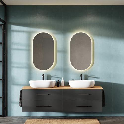 Planetmöbel LUX Badmöbel Set Waschbecken mit Unterschrank | 180 cm, 2 Aufsatz-Waschbecken 60cm weiß, 2 Spiegel 50 cm (ohne LED) Waschbeckenunterschrank Gold Eiche/Anthrazit