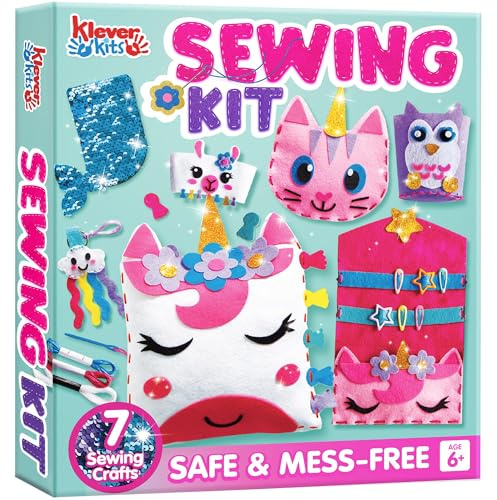 Klever Kits 7 Sewing Projects- My First Kids Sewing Kit- Easy DIY Arts and Crafts for Girls, Craft Kits, Birthday Gifts for Kids Aged 6+, Unicorn and Mermaid Pillow