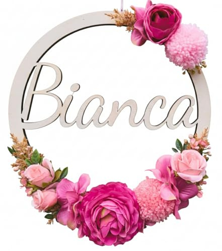 Fiocco Nascita Bimba, Idea Regalo Personalizzato Nascita Bimbo, Decorazione in Legno Artigianale con Fiori per cameretta, Regalo neonata Battesimo, fuoriporta e Regalo Nascita, Ghirlanda Comunione