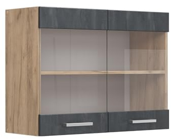 Vicco Küchenglasschrank R-Line, Schwarz Beton, 80 cm | 2 Türen · 1 Einlegeboden · Tiefe – 31 cm · ✓ Frei kombinierbar · ✓ Alles im Blick