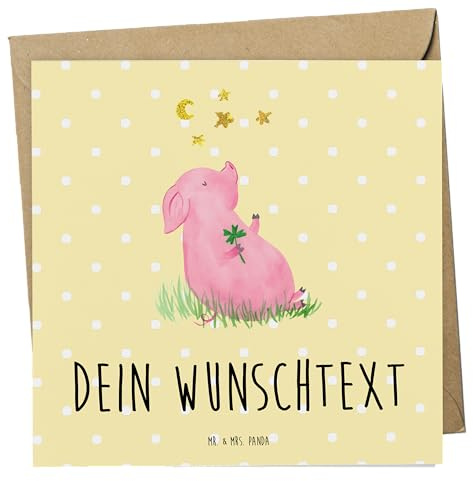 Mr. & Mrs. Panda Personalisierte Grußkarten Schwein Glück - Geschenke, Karte, Motivation, personalisiert, Postkarte, Ziele, Glücksbringer, Karten, Lustige Sprüche, Schweinchen, Sterne
