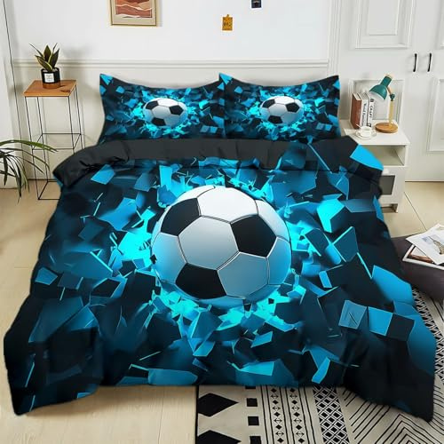 Parure de lit pour Enfant 90x190 cm Ballon Football Géométrique Bleu Housse de Couette Polycoton Ensemble de Literie Linge de Lit avec Taies d'oreiller, pour Décoration Chambre à Coucher