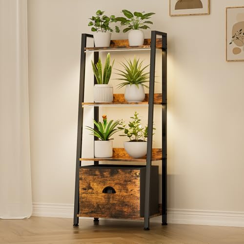 Plant Stand Indoor with Grow Lights, 4 Tiered Indoor Plant Shelf with Drawer, 48 Tall Corner Plant Stands for Indoor Plants, Metal Flower Display Shelves, Sturdy Ladder Plant Rack for Home, Patio