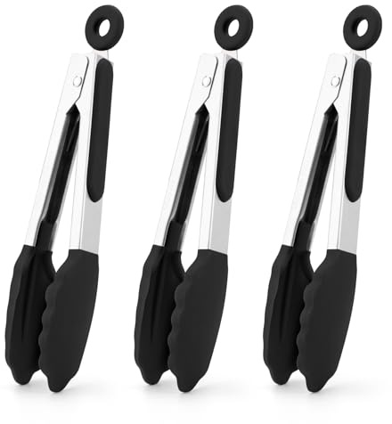 Kleine Silikonzange zum Kochen, 3 Stück, 18 cm, Mini-Servierzange,Kochzange | 315℃ hitzebeständig, Küchenzange, Zange Küche,Fleischzange, antihaftbeschichtete Silikonspitze, Edelstahlzange