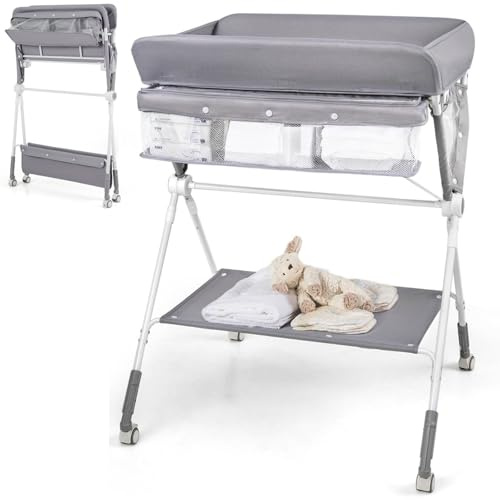 Maxmass Baby Changing Table, Folding Infant Diaper Changing Station with Wheels, Shelf and Storage Basket, Height Adjustable Nappy Table for Newborn (Gray)