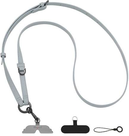 GOODAYY Phone Lanyard Crossbody, Leather Mobile Phone Strap Adjustable Length with Durable Metal and Nylon Patch, Handbag Chain Style Universal Phone Accessories (Dark Metal, Blue Grey)