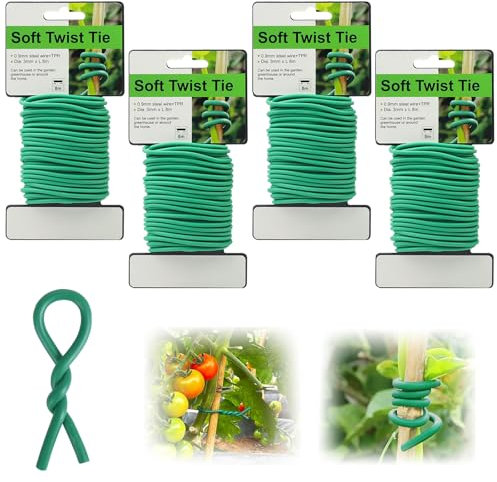 4 Rotoli Filo Giardino, 3mm*8m Filo Verde Gommato, Per Piante Rampicanti, Morbido Legame per Piante, Filo per Piante, Facile da Tagliare, Assicura e Protegge Fiori, Ortaggi, Alberi e Giardinaggio