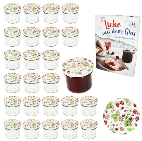 MamboCat 25er Set Sturzglas 125 ml mit Schraub-Deckel Wald-Erdbeere I Einmachgläser + to 66 Deckel mit Diamant-Zucker-Rezept I Vorratsgläser einkochen & konservieren