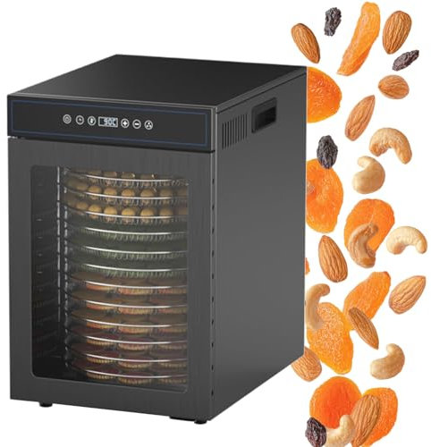 XRSMOU 12 Layer Stainless Steel Rotating Food Dehydrator,24H Adjustable Digital Timer,Fruits Vegetables Drying Machine,for Home (Black)