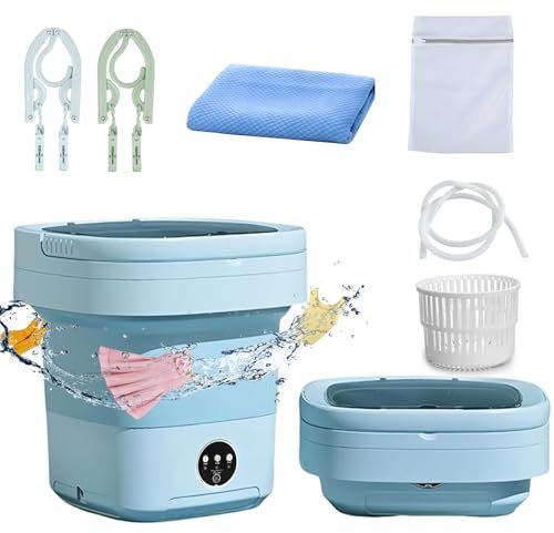 Small Portable Travel Washing Machine, 11L Mini Folding Washing Machines with Spin Dryer for Camping, Clothes Wash Suitable for Underwear, Baby Clothes, and Small Item with Laundry Bag, Hanger