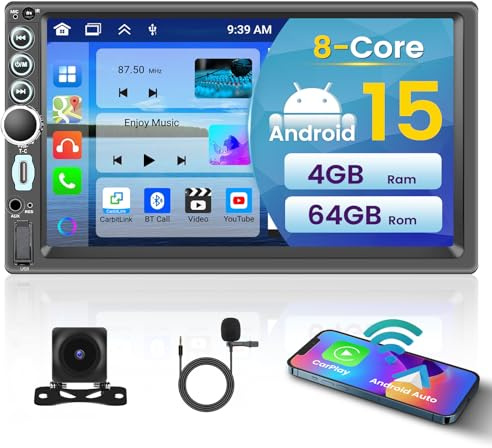 Inefala 8 Core 4+64GB Android 15 Autoradio 2 Din con Wireless Carplay Android Auto, 7 Touchscreen Stereo Auto Bluetooth con GPS WiFi DSP 32EQ RDS + USB/Type-C/AUX + Retrocamera + Mic