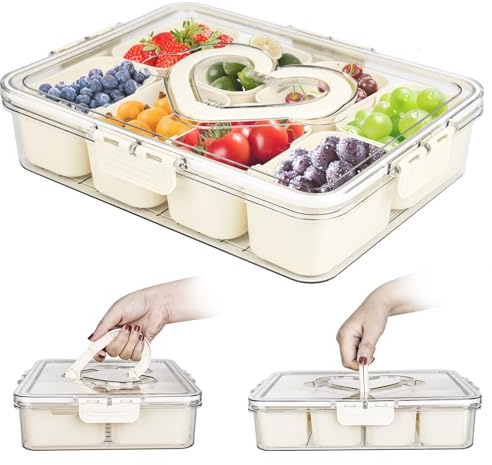 bssmmai Snackslåda med fack, snackstallrik av PP, snackskål med lock och hjärtformat handtag, picknicklåda för sötsaker frukt kex dessert nötter