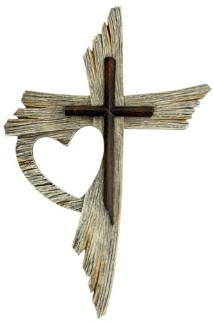 Top Brass One Love Rustic Wall Cross – Distressed Wood-Look Resin Cross with Carved Heart Cutout & Raised Center, 12-Inch Hanging Christian Home Decor with Sawtooth Hanger – Rustic White