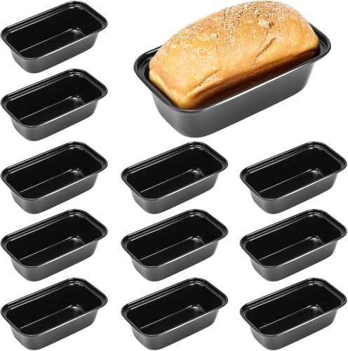 KDXBQ 12 Pcs Mini Loaf Pan Non Stick Small Bread Tins 15.5 x 8.5 x 4.5 cm Carbon Steel Mini Baking Tray for Oven Brownie Cake Banana Bread Meatloaf Cupcake Muffin Baking Mold, Dishwasher Safe, Black