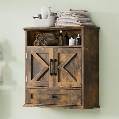Bathroom Wall Cabinet, Wall Mounted Medicine Cabinet with Drawer, Barn Door & Adjustable Shelf, 24.4H x 23.6W x 9D Rustic Brown Over Toilet Farmhouse Storage Cabinet for Kitchen, Laundry, Entryway